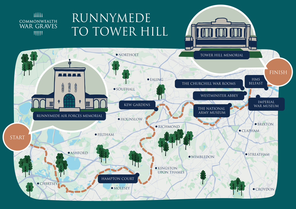 Map of a route from the Runnymede Memorial to Tower Hill
