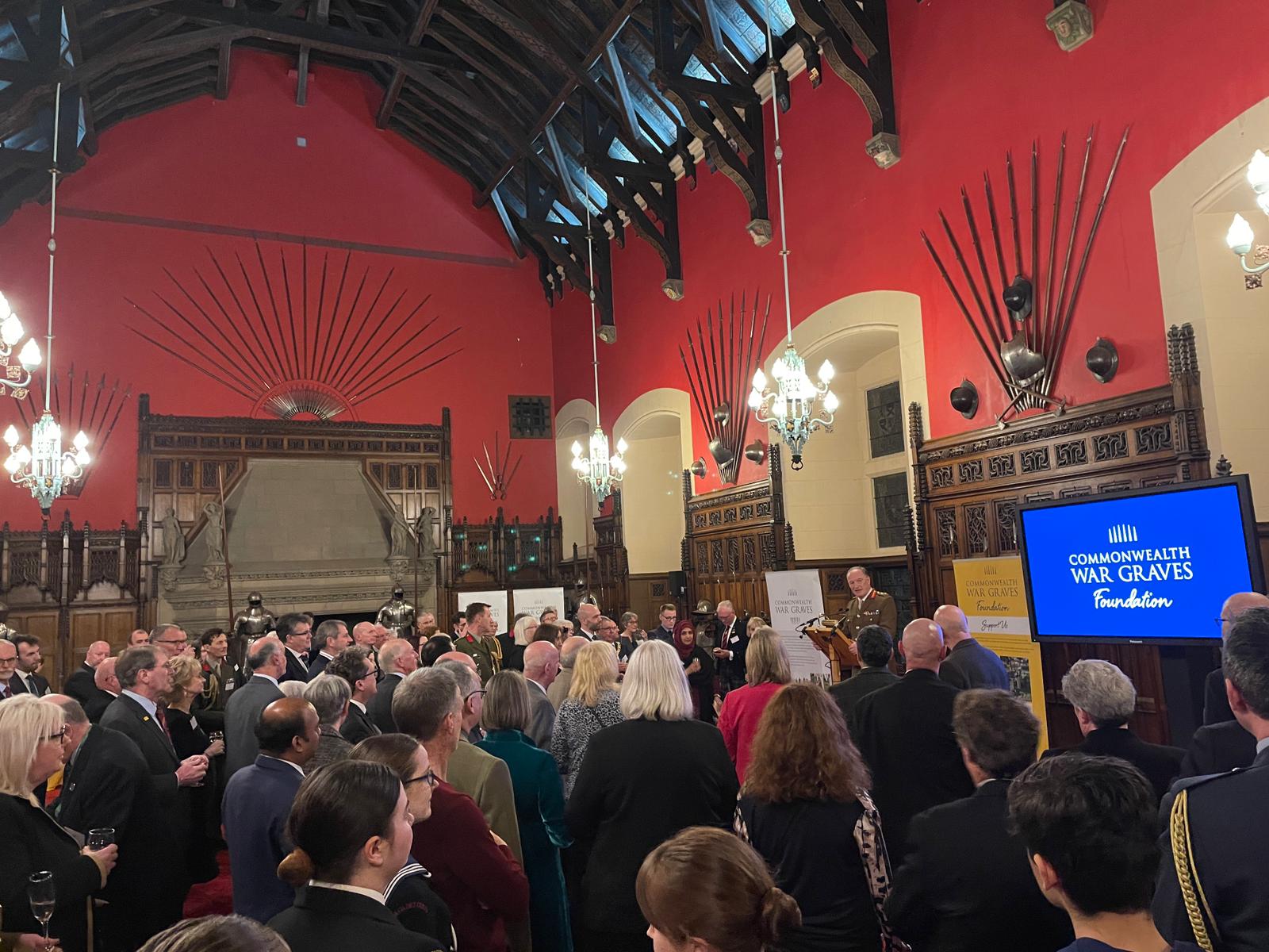 Large group of eventgoers listen to a speech given by Major-General Alastair Bruce at Edinburgh Castle