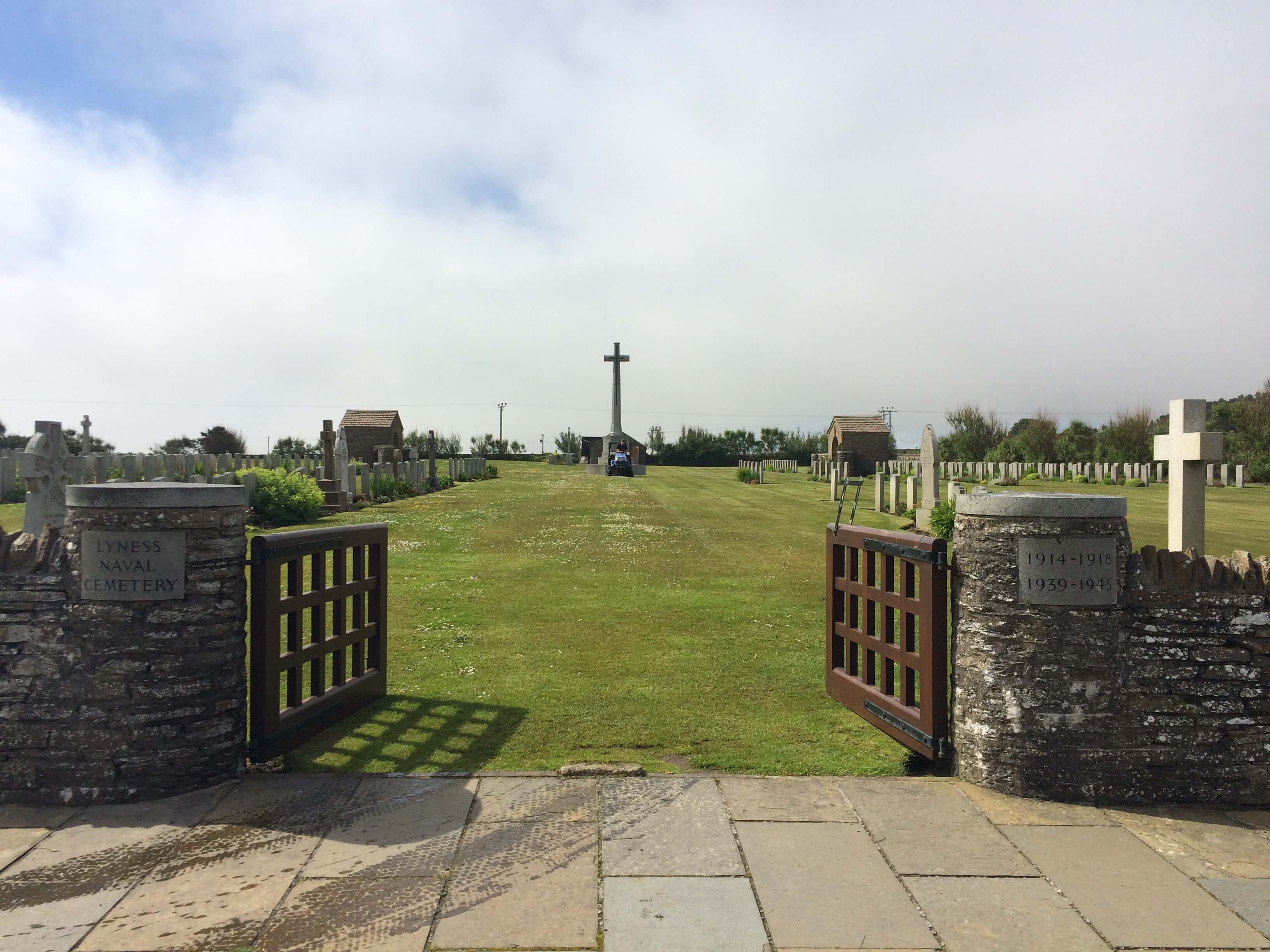 Looking through entrance gates of Lyness (Royal Naval) Cemetery