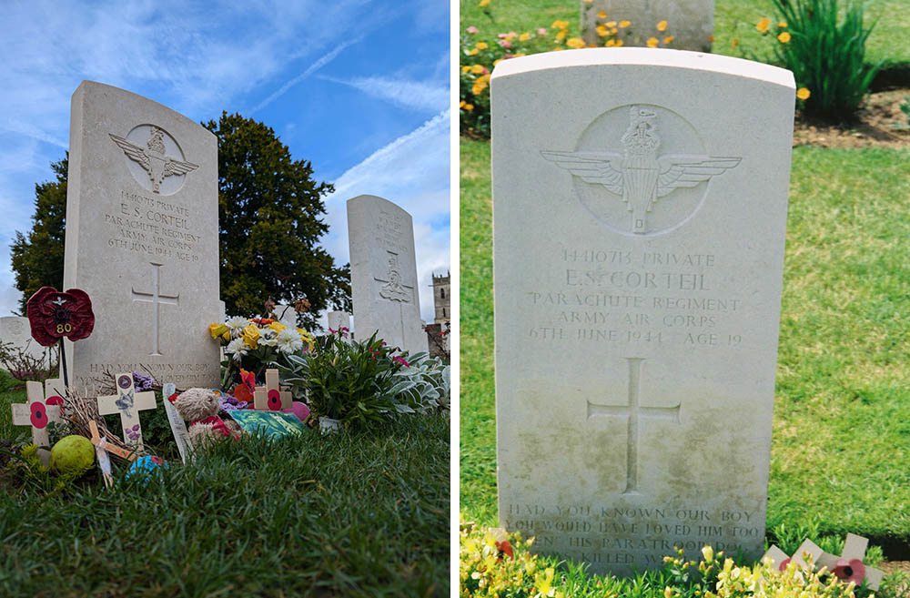 Two photos of Private E. Corteill's headstone.