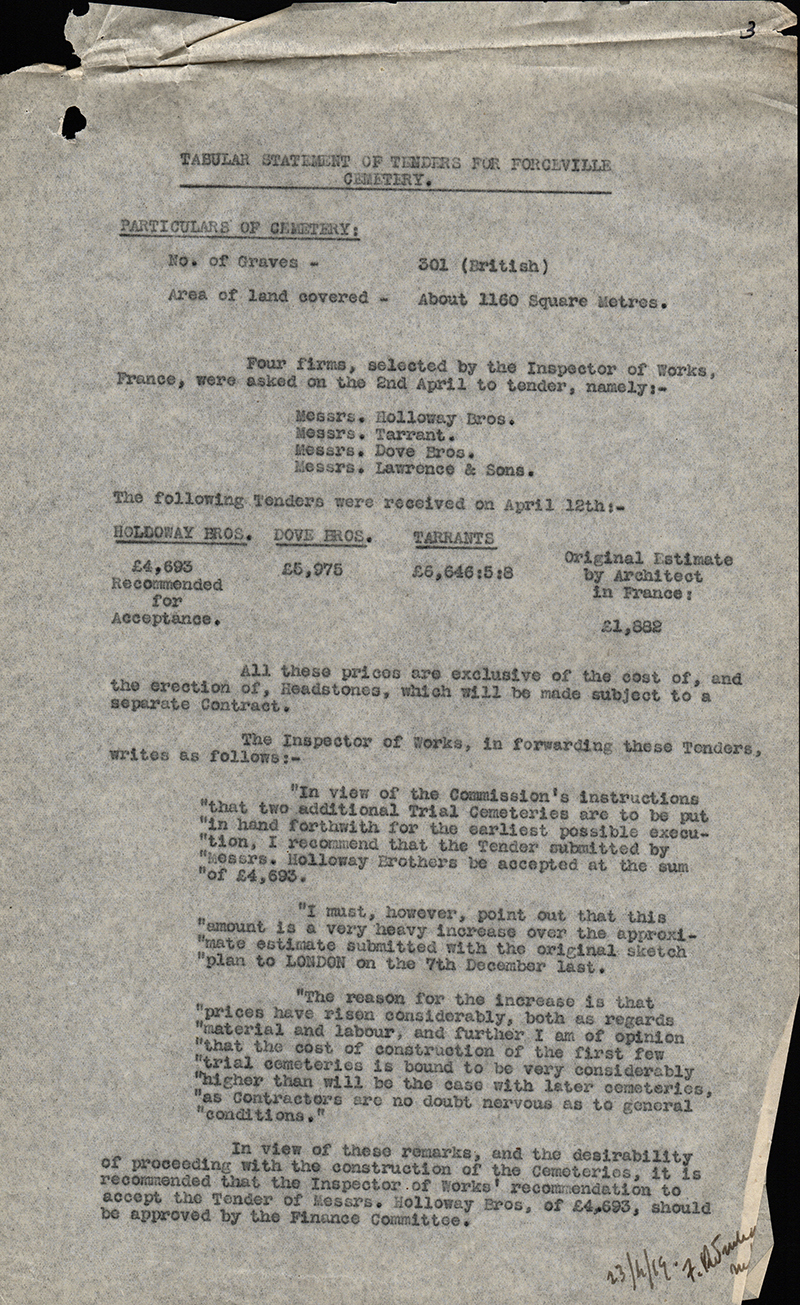 Statement of Tenders for Forceville cemetery