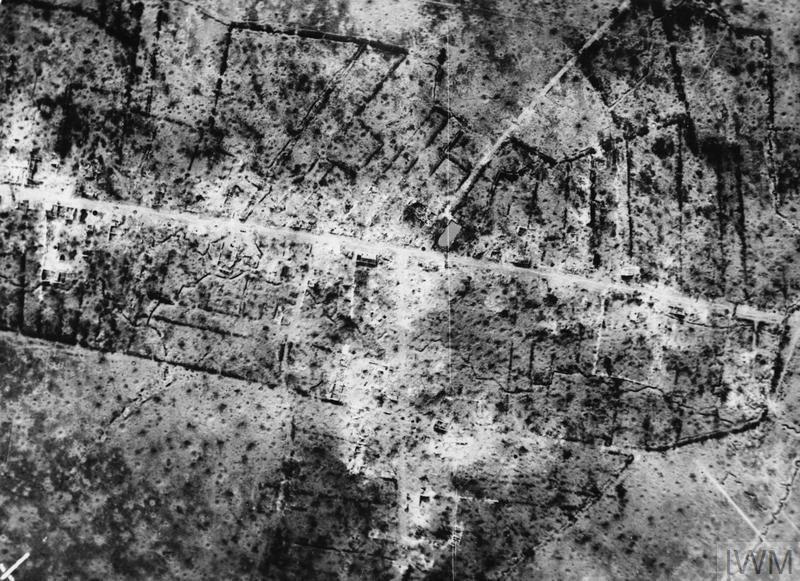 The village of Pozieres is seen from above, although it is more a crater-filled ruin.