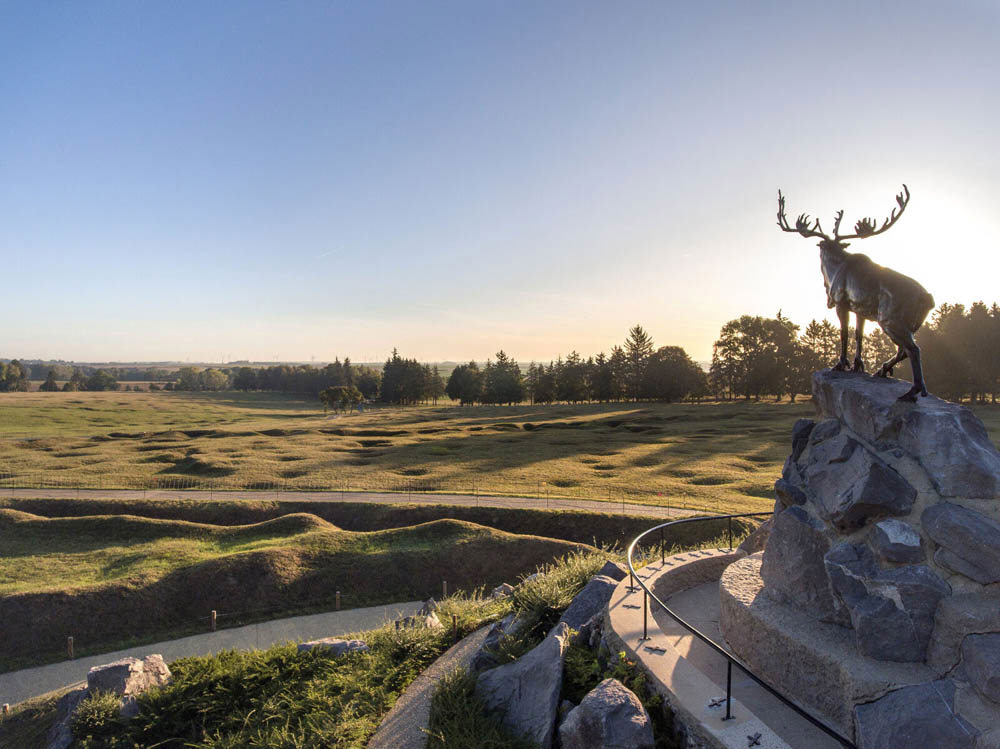 View of the battle-scarred Newfoundland Memorial Park from the central bronze caribou statue. The caribou stands on a rocky putcrop overlooking a series of prerserved trenches and former no man's land studded with shell craters.