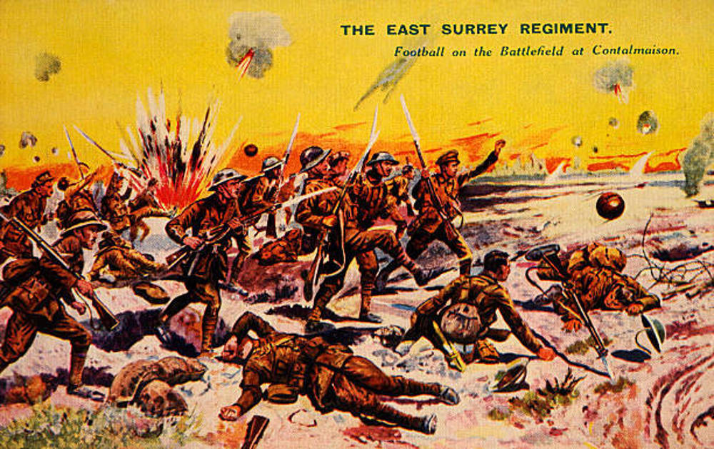 Colour postcard of the East Surrey Regiment advancing on 1st Day of the Somme.